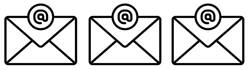 Three simple emails icons in black, over white background. 