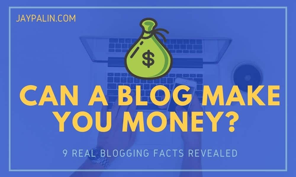 Feature image with yellow text and blue background for the blog post can a personal blog make money.