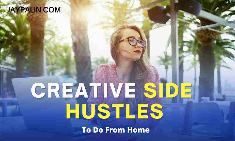 Woman sitting with laptop outdoors with palmtrees in background. Creative side hustles feature image.