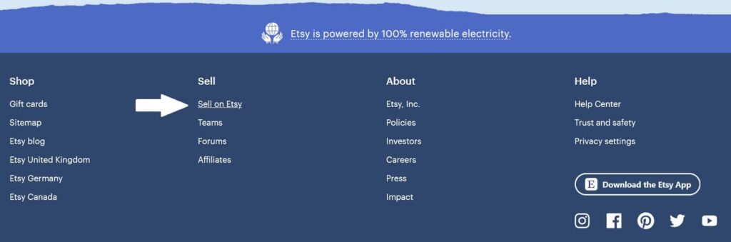 Screenshot of the bottom menu from Etsy's website