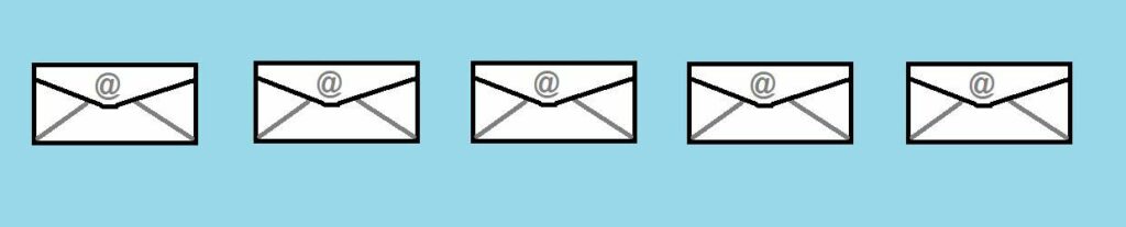 Wide image of 5 email icons in black and white over light blue background. 