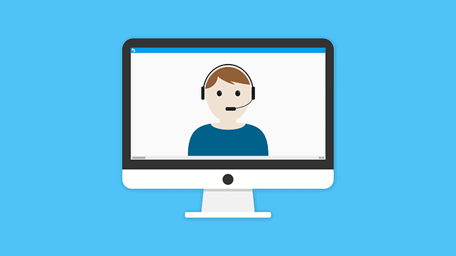 Animated image showing an online teacher with headset on a computer screen and blue background.
