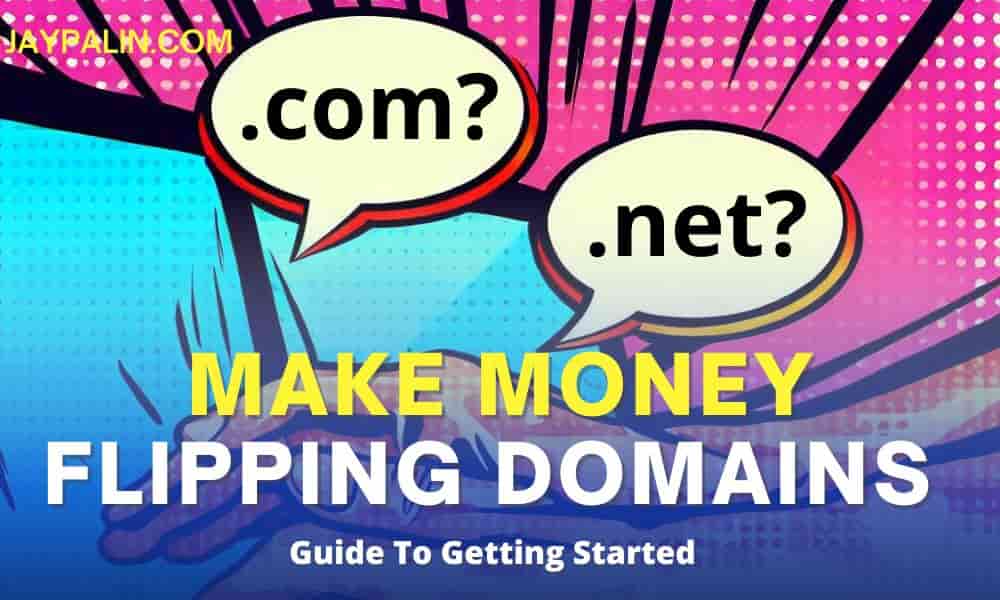 Animated image shows domain ending suggestions in talk bubbles with laptop in background. Make money flipping domains article feature image.